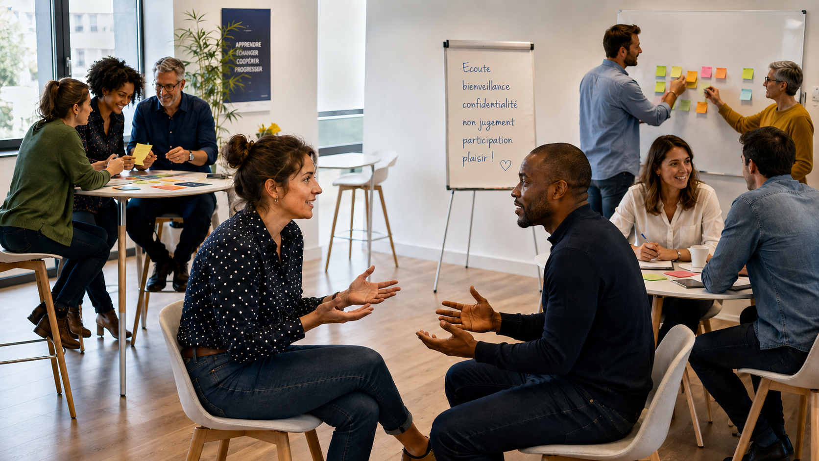 Groupe en formation collaborant autour d'ateliers, apprendre, échanger, coopérer, progresser